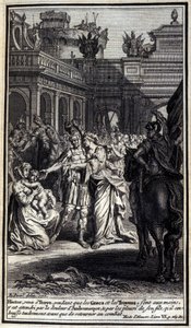 Hector, som kom till Troyes medan grekerna och trojanerna var i deras händer, drabbades av Andromaques smärta och av gråten från sin son, som han kysste ömt innan han återvände till striden. Illustration av bok VI av Iliaden av Homere, Fren av Unknown artist