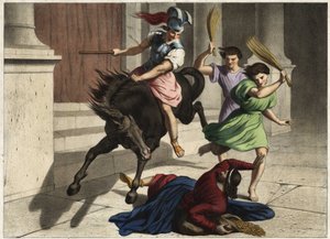 Heliodore (Heliodoros) drevs ut ur templet: på order av sin härskare försökte han utan framgång gripa tresorerna i Jerusalems tempel. Anonym gravyr från mitten av 1800-talet. av Unknown artist