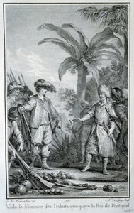 Här är hyllningsvalutan som kungen av Portugal betalar: portugisisk handel i kolonierna - i "Philosophical and Political history of European establishments and trade in the two Indies", av Guillaume Thomas Raynal, red. Skyffel av Unknown artist