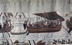 Kapat av stormen strandade Harold II:s (1022 - 1066) skepp vid Ponthieu-kusten - Bayeux Tapestry, känd som Broderi av drottning Mathilde av Unknown artist