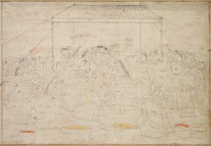 Hinduiska guden Krishna som är klädd i kvinnokläder för vårfest Holi av Unknown artist