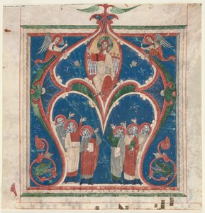 Historikerad initial (A) utskuren ur ett antifonarium: Kristus i majestät med profeter av Unknown artist