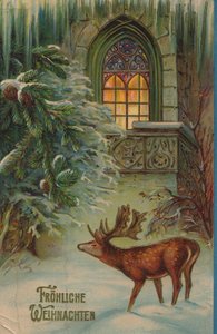 Historiskt julkort med vintermotiv med svensexa och kyrka av Unknown artist