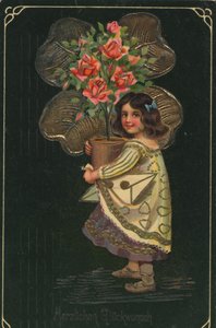 Historiskt gratulationskort med ett barn och en stor krukväxt, ros av Unknown artist