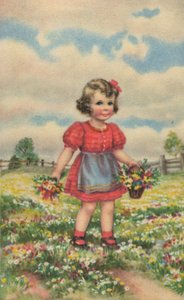 Historiskt vykort med en glad tjej på ängen, gratulationskort av Unknown artist