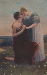 Historiskt gratulationskort med historiskt motiv, kvinna och medeltidens krigare av Unknown artist