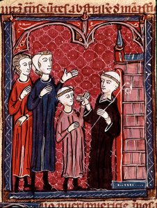 Den kanoniska lagens historia: "" Två föräldrar som tar sin son till ett kloster""" Miniatyr hämtad från "Decret de Gratien"" ("Concordia discordantium canonum" eller "Decretum Gratiani") från 1140 och reglerar lagarna och kanonerna i romersk-katolska kyrk av Unknown artist