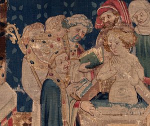Historia om Saint Piat och Saint Eleuthère, Scen 13: dop av Blanda (Hur de goda helgonen döpte dottertribunen som samlade in pengar genom mycket stort mysterium: Blande som var mor till det goda helgonet). Detalj. av Unknown artist