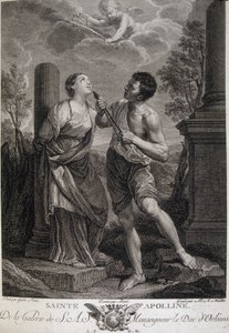 Holy Appoline under förföljelserna får sina tänder krossade för att hon vägrade att hylla de romerska gudarna. Gravyr av 1600-talet. av Unknown artist