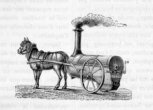 Häst som drar en ångmaskin - i "" The Wonders of Industry"" av Figuier av Unknown artist