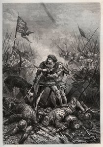 Hundraåriga krig: Frankrikes kung Johannes II den gode och hans son Filip II av Bourgogne (1342-1404), känd som "Philippe le Hardi", slåss mot engelsmännen i slaget vid Poitiers den 19/09/1356) (Kung av Frankrike Johannes II av Frankrike (1319-1364) och ha av Unknown artist