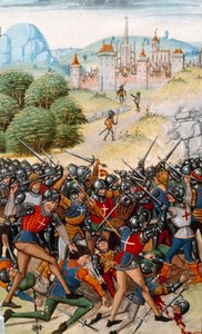 Hundraåriga kriget: Slaget vid Pontvallain mellan franska och engelska den 4/12/1370” Miniatyr från “Chronicles”” av Jean Froissart (1337-1400) 1400-talets Paris. B.N. av Unknown artist