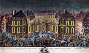 Belysningar av biskopspalatset i staden Strasbourg under de firanden som staden gav under kung Ludvig XV:s vistelse (1710-1774) i konvalescens efter en allvarlig sjukdom den 5/10/1744. Period Print Privat Samling av Unknown artist