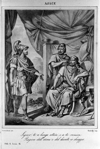 Illustration för scen 9 i akt II av "" Ajax"" (Aiace) av den italienske poeten och dramatikern Ugo Foscolo (1778-1827) 1800-talet av Unknown artist