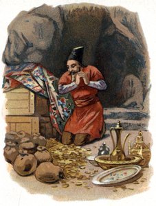 Illustration till sagorna om tusen och en natt. Ali Baba (Ali-Baba) går in i klippan och säger: Sesam öppnar dig och ser guldtunnor. Kromolitografi omkring 1890. av Unknown artist