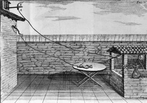Illustration av experiment av Luigi Galvani, italiensk fysiker och läkare (1737 - 1798) som förklarar passagen av elektrisk ström som rör benen på en groda. av Unknown artist