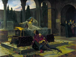 Illustration av den sista scenen i baletten "Romeo och Julia" av Piotr eller Pjotr Iljitsj Tjajkovskij (eller Tjajkovskij eller Cajkovskij eller Tschaikowskij av Unknown artist