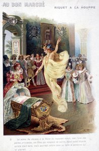 Illustration av berättelsen ""Riquet à la houppe"" av Charles Perrault (1697): fen tillkännager för drottningen att prinsessan som just har fötts kommer att vara lika dum som hon är vacker. Affisch ""Au bon marché"" från 1800-talet. av Unknown artist
