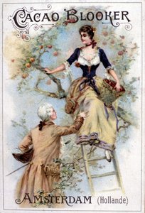 Reklamillustration för Blooker Cocoa föreställande en ung man på 1700-talssätt som hjälper en ung kvinna nerför en stege. av Unknown artist