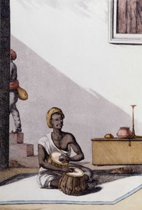 Indisk kultur och civilisation: musiker som spelar tabla, traditionellt musikinstrument, Indien. Gravyr 1808. av Unknown artist