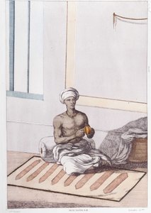 Indisk kultur, civilisation och samhälle: musiker med traditionellt indisk slagverk. Gravyr från 1808. av Unknown artist
