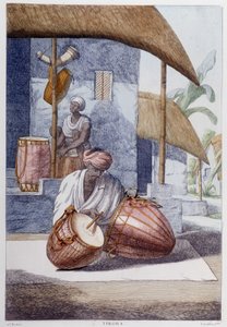 Indisk kultur, civilisation och samhälle: musiker med traditionellt indisk slagverk (Tikora). Gravyr från 1808. av Unknown artist