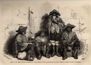 Indianer från Cuzco (Peru), vetus av manta, sandaler och traditionell sombrero, anställd som arbetskraft för exploatering av guanofyndigheter på Chinchaöarna, dricker shisha, men jäst konjak. Gravyr för att illustrera Les iles Chincha, rekt av L.Simo av Unknown artist