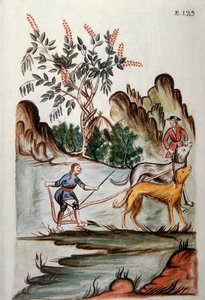Indianer som plöjer en åker med hundar, från boken "Trujillo del Peru" eller "Codex Martinez Companion", av Baltazar Martinez Companion och Bujanda, biskop av Trujillo (1782-1785) av Unknown artist