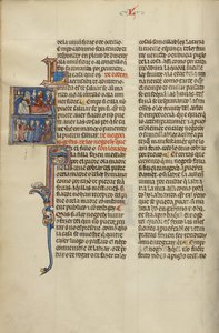 Initial S: Barn och en alkemist vid en sängkant och barn och äldre inför en domare av Unknown artist