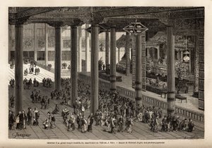 Inre vy av ett stort buddhistiskt tempel, tillhörande Taikounen (temporal härskare av Japan) i Yedo (eller Edo, kejserlig huvudstad, dagens Tokyo). Gravyr för att illustrera resan till Japan, 1863-1864, av Aime Humbert, minister i Schweiziska edsförbundet av Unknown artist
