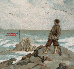 Isaac Israel Hayes (1832-1881) bär den amerikanska flaggan vid polarhavets stränder. Chromo från slutet av 1800-talet. av Unknown artist