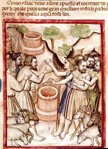 Isaac gräver brunnar i dalen Guerar och herdarna i dalen söker honom grälminiatyr tagna från Codex 212 (eller Padovano Codice eller Bible of Padua) 1390-1400 Rovigo, Accademia Dei Concordi av Unknown artist