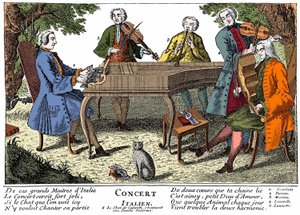 Italiensk konsert (barockmusik) med 1. Scarlatti (cembalo) - 2. giuseppe Tartini (fiol) - 3. Fader (far) Martini (Giovanni battista) (flöjt) - 4. Locatelli (fiol) - 5. Lanzetti (viola) - 6. Sjungande katt. Gravyr av 1700-talet av Unknown artist