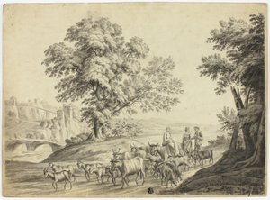 Italiensk landskapsbild med man och två kvinnor som vallar boskap, getter och får av Unknown artist