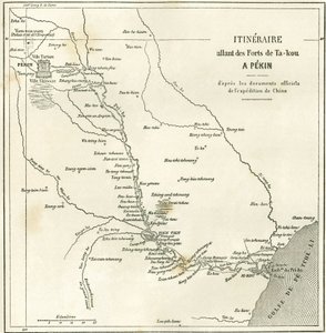 Resväg längs floden Hai He nära Tien Tsin (Tien-Tsin, Tianjin) till Pekin (Peking), Kina. Karta, i "" Le Tour du Monde, New Journal of Travels "", redigerad av Edouard Charton, Paris av Unknown artist