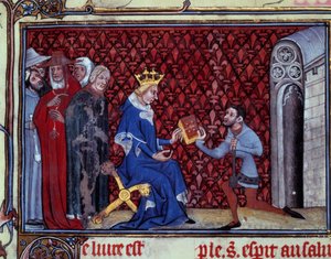 Jacques Bauchant presenterar sin bok för kung Karl V (1338-1380) Miniatyr hämtad från "" Ways of God and Visions of Saint Elisabeth von Schonau (1128-1164) "" av Jacques Bauchant av Saint Quentin (? -1396), Paris, B.N. av Unknown artist