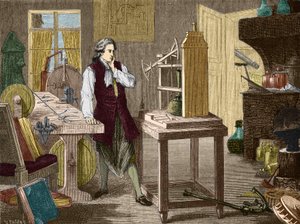 James Watt studerar perfektion av Newcomen-maskinen (1767) (ångmaskin) - i "" Album of Science; berömda vetenskapsmän; Stora upptäckter””” 1896. av Unknown artist