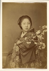 [Japansk kvinna håller blommande prunuskvist] av Unknown artist