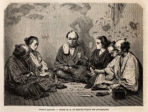 Japanska spelare i mitten av korten. Gravyr för att illustrera Japan, reseberättelse av Aime Humbert, minister för Schweiziska edsförbundet, 1863-1864, publicerad i "Le tour du monde, nouveau journal des voyages", under ledning av Edouard Charton av Unknown artist