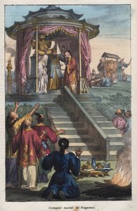 Japanska bröllop - japanernas bröllopsceremoni - gravyr från "" Seder och traditioner för alla folk i universum. Det vill säga historien om regeringen, om lagarna, om milisen, om religionen för alla nationer från de mest avlägsna tiderna till våra dagar "1 av Unknown artist