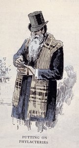 Judisk religion: en gammal judisk man som bär bönkalken (Talit eller Tzitzit), gravyr från 1890 av Unknown artist