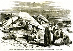 Judar från Marocko kommer för att söka skydd i Algesiras i Spanien i mitten av 1800-talet (gravyr) av Unknown artist