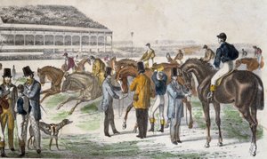 Jockeys och deras hästar före loppet - gravering, ca. 1850 av Unknown artist