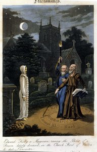 John Dee och Edward Kelly framkallar en ande. 1825. Bibel. Morando, Milano av Unknown artist