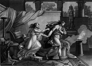 Josef flyr från Putifars hustru (Potifar) och försöker förföra 1800-talets litografi av Unknown artist