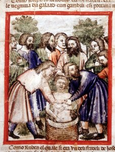 Josef såldes av sina bröder och kastades i brunnen. Miniatyr från codex 212 (eller padovano codice eller Bible of Padua) 1390-1400 Rovigo, Accademia dei Concordi av Unknown artist