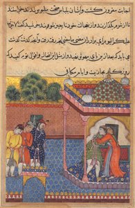 Khurshid återförenades med sin man Utarid, från en Tuti-nama (Tales of a Parrot): Thirty-second Night av Unknown artist