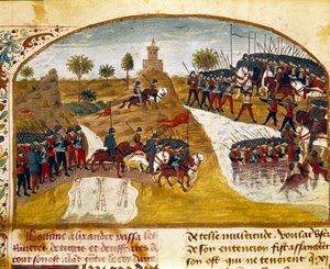 Kung Alexander den store (356-323 f.Kr.) och hans armé passerar tigern och miniatyreufraten från "" Boken av fakta om Alexander den store"" av Quintus Curtius Rufus (Quinte Curce) (1:a århundradet), omkring 1468. (Ms. 1335) Reims. Kommunbiblioteket av Unknown artist
