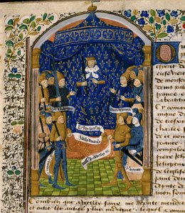 Frankrikes kung Karl VII (1403-1461) och hans hov. Till höger: Jean d