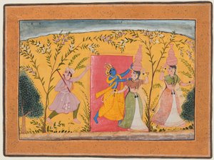 Krishna tar ut en toll från mjölkpigorna: Dana-Lila, från en Bhagavata Purana av Unknown artist